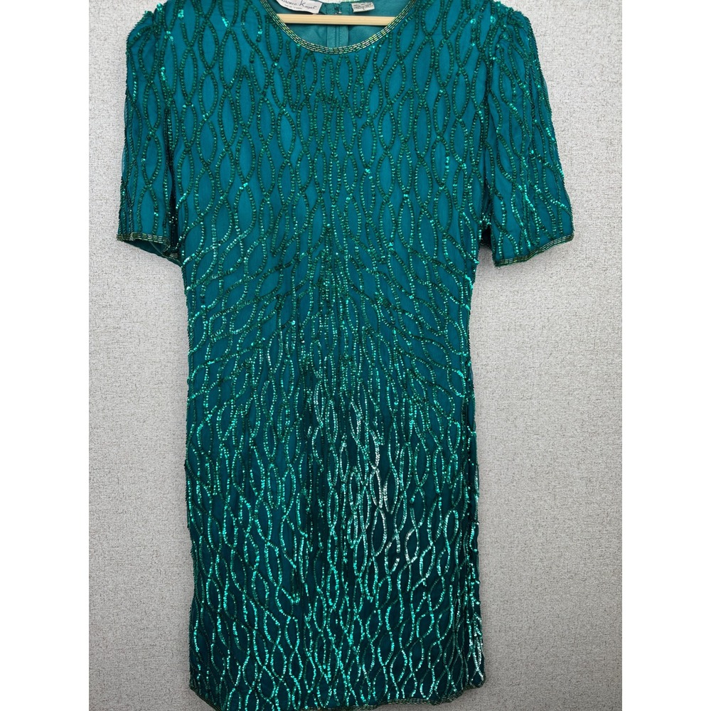 Laurence Kazar Vintage Emerald Green Silk Sequin Beaded Dress 80s 90s Cocktail L
